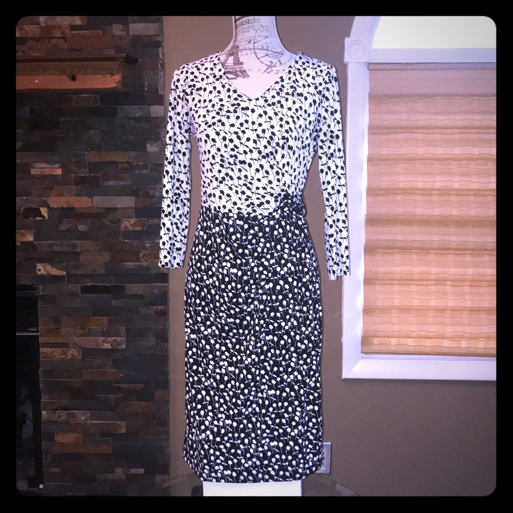 Talbots Black/White Floral Faux-Wrap Sheath Dress